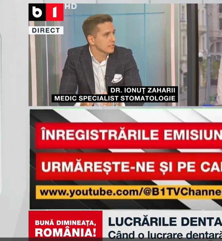 Dr. Ionuț Zaharii discutând despre lucrările dentare la B1 TV