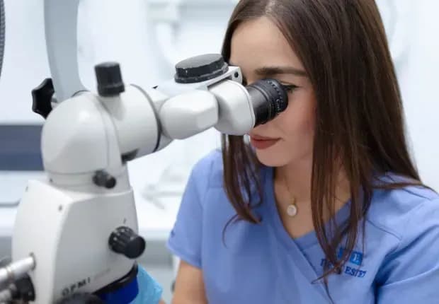 DENT ESTET endodontist shown using a dental microscope.