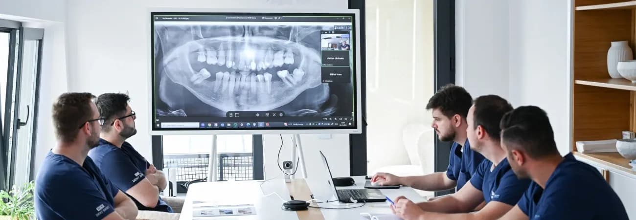 Medici stomatologi analizeaza o rdiografie cu implant dentar
