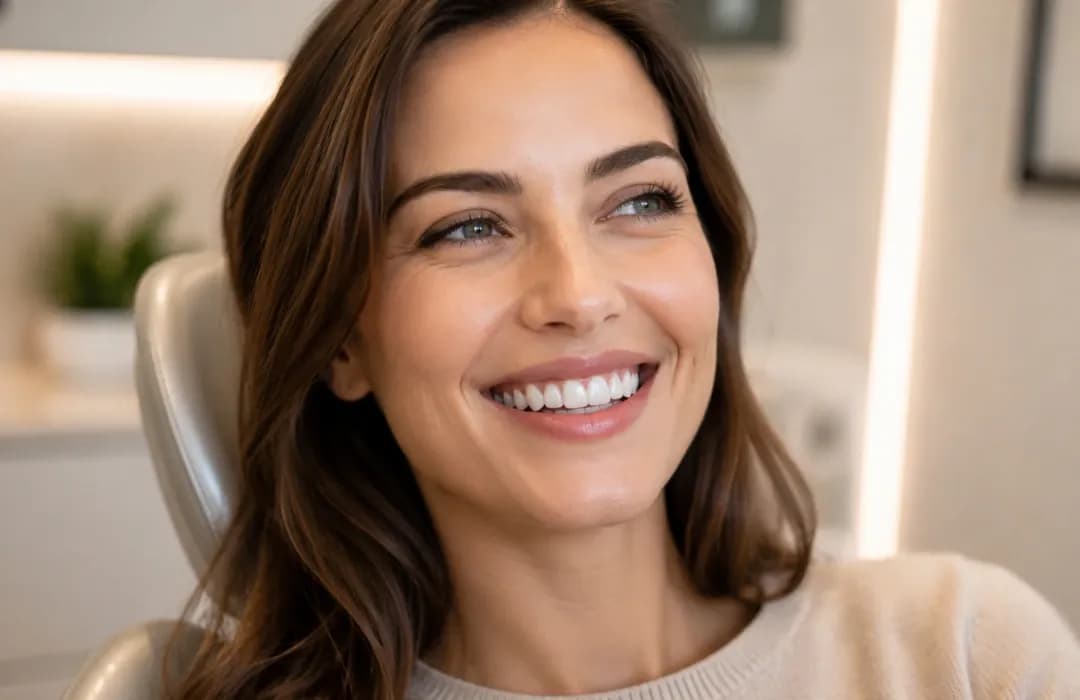 Pacienta cu fatete dentare intr-un cabinet stomatologic