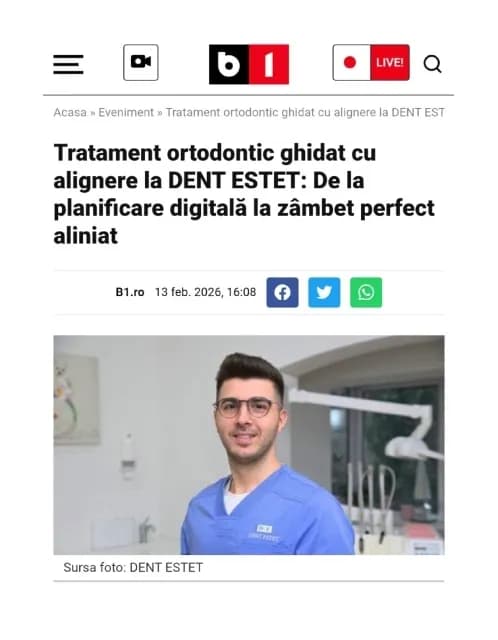 Articol publicat in B1 TV despre tratamentul ortodontic cu alignere dentare la DENT ESTET