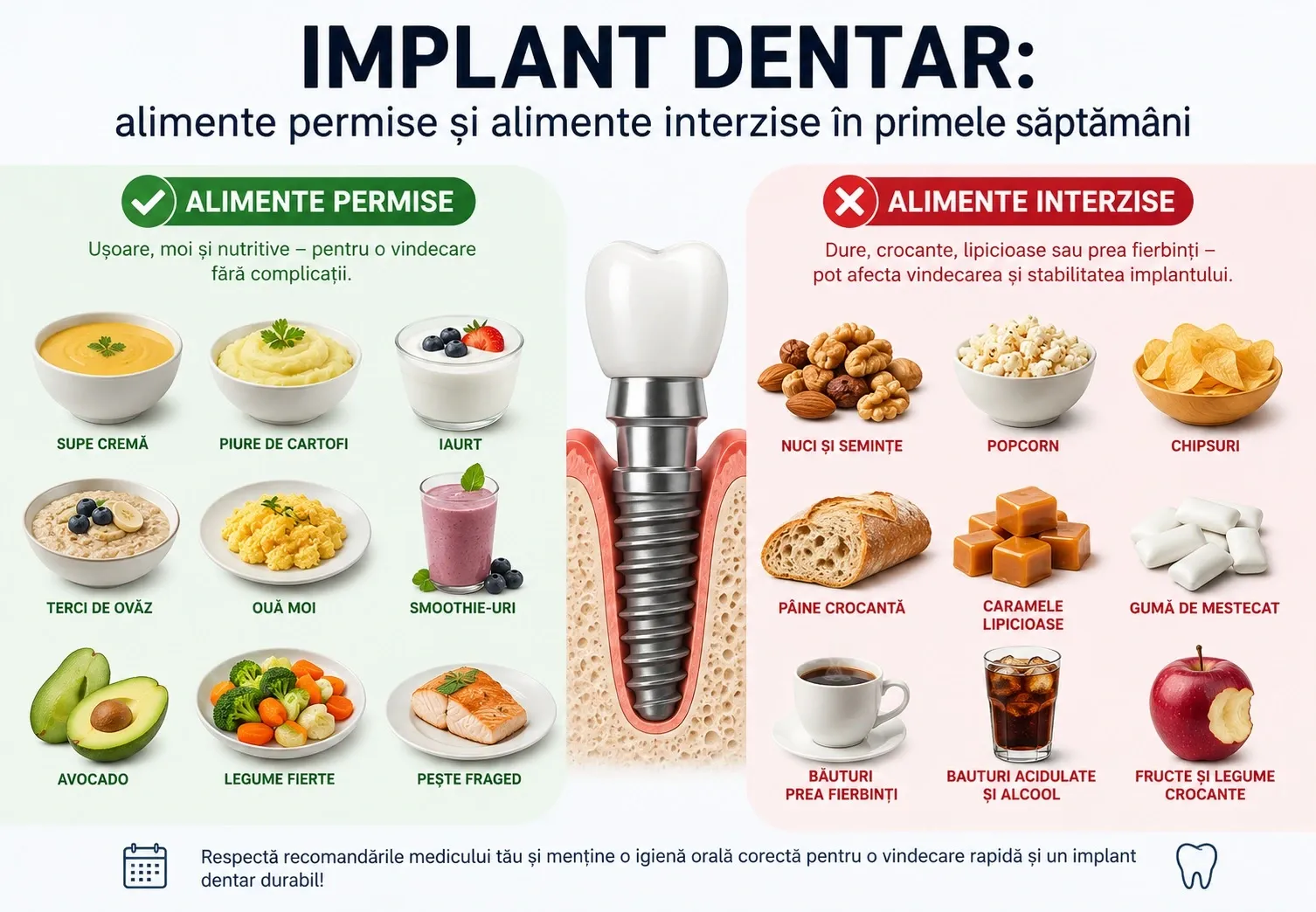 Alimente permise și alimente interzise după implant dentar.