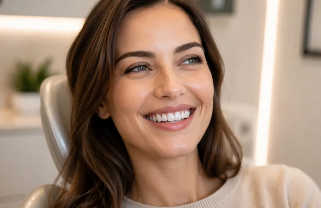Pacienta cu fatete dentare intr-un cabinet stomatologic
