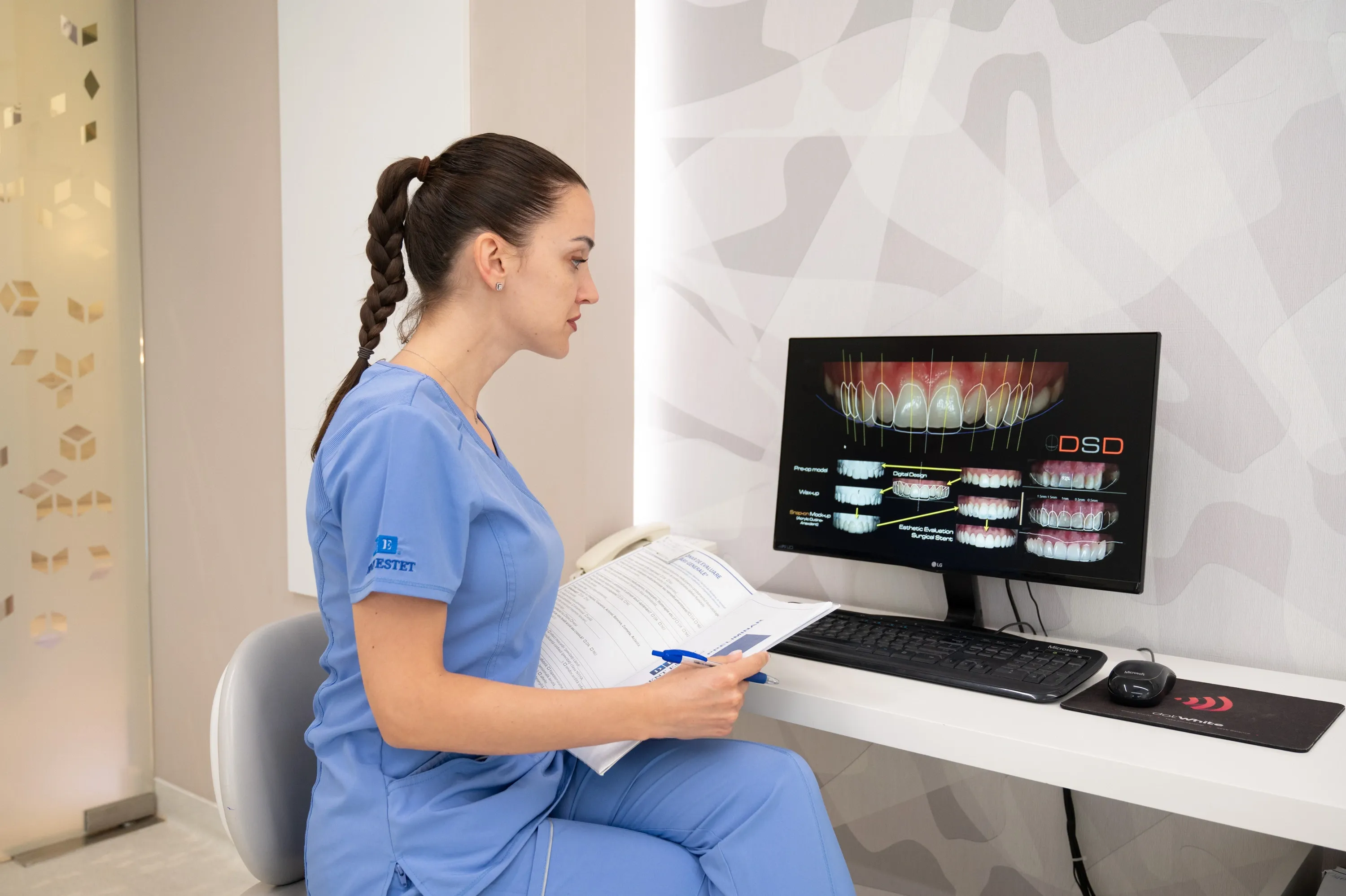 Medicul stomatolog planifică tratamentul cu coroane dentare cu software-ul Digital Smile Design. 